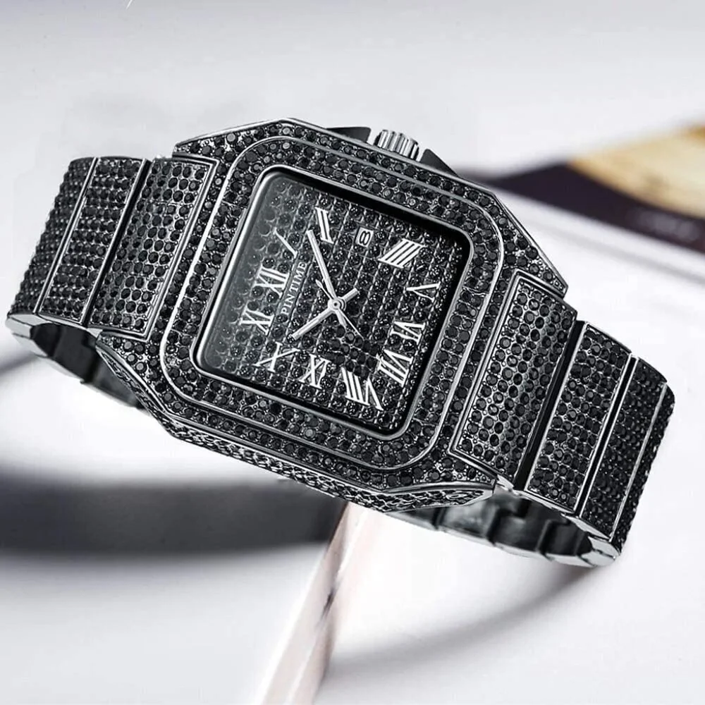 Men's Black Crystal Bling Rectangle Case Stainless Steel Quartz Analog Watch